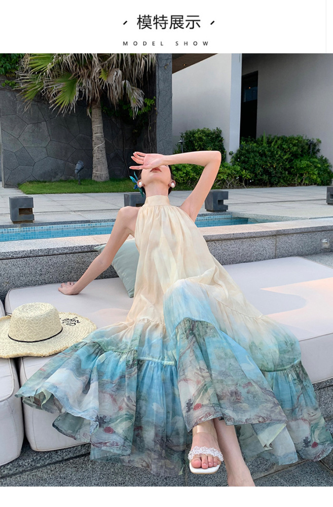 New Chinese-Style fashion Printed Dress Halter-Neck Maxi Gown & Flared Vacation Skirt