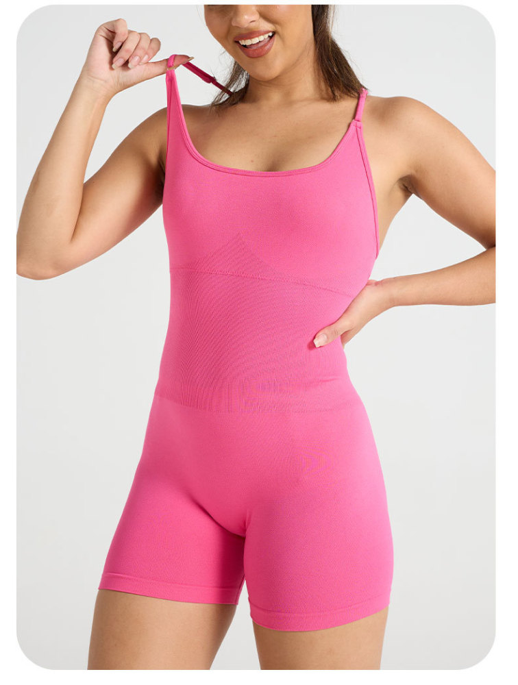 One-piece sleeveless backless yoga bodysuit with cross-back design, sports fitness bodysuit with breast pads