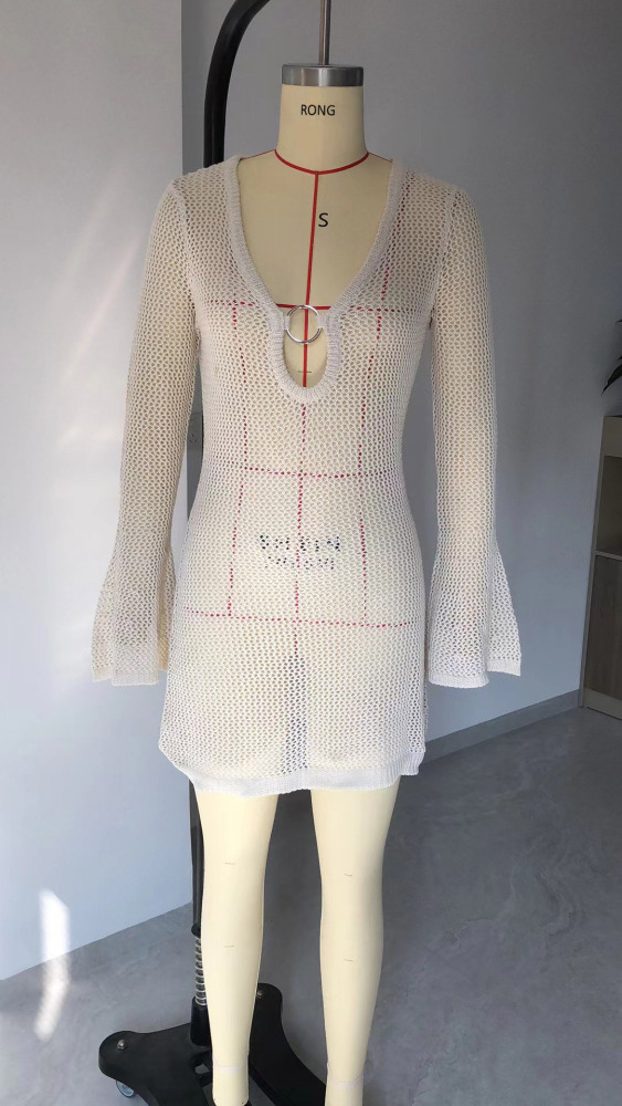 2026 New Arrival: Western-Style 3D Crochet Beach Dress V-Neck Flared Sleeves Long-Sleeve Dress