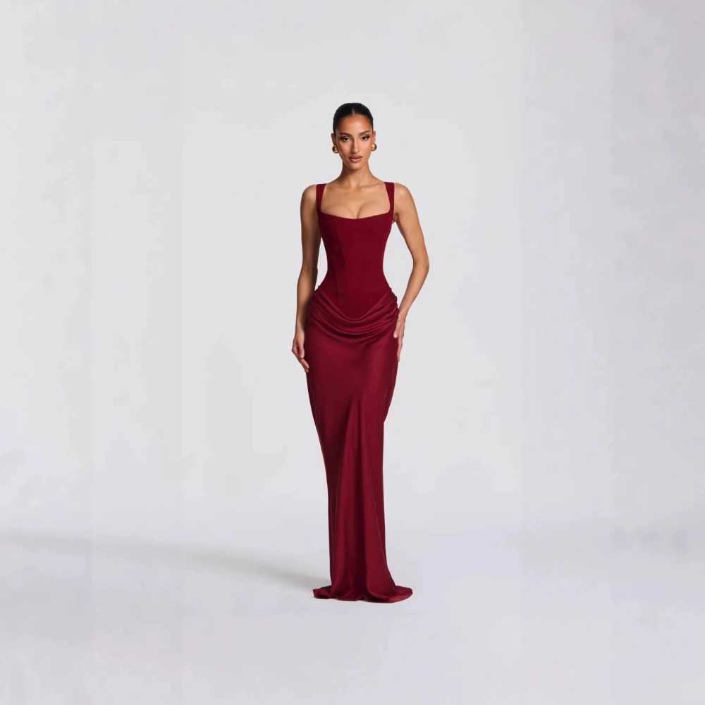 New 2026 Spring Slim-Fit Fishtail Maxi Dress Solid Color Boned Bodice Bodycon Silhouette