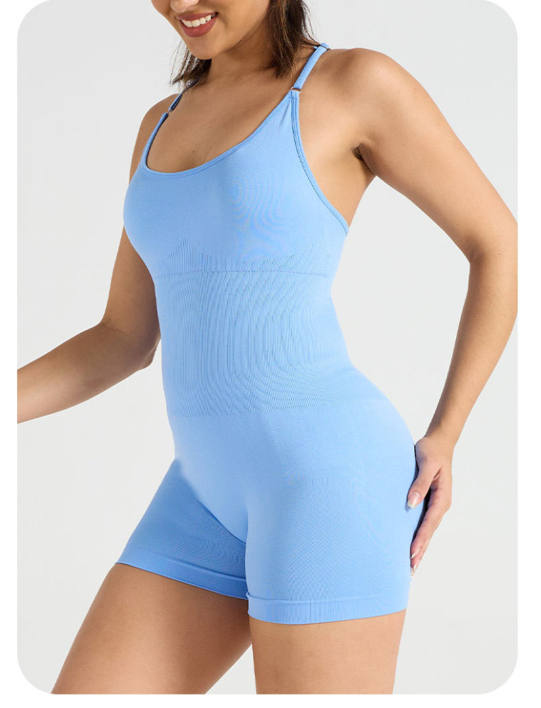 One-piece sleeveless backless yoga bodysuit with cross-back design, sports fitness bodysuit with breast pads