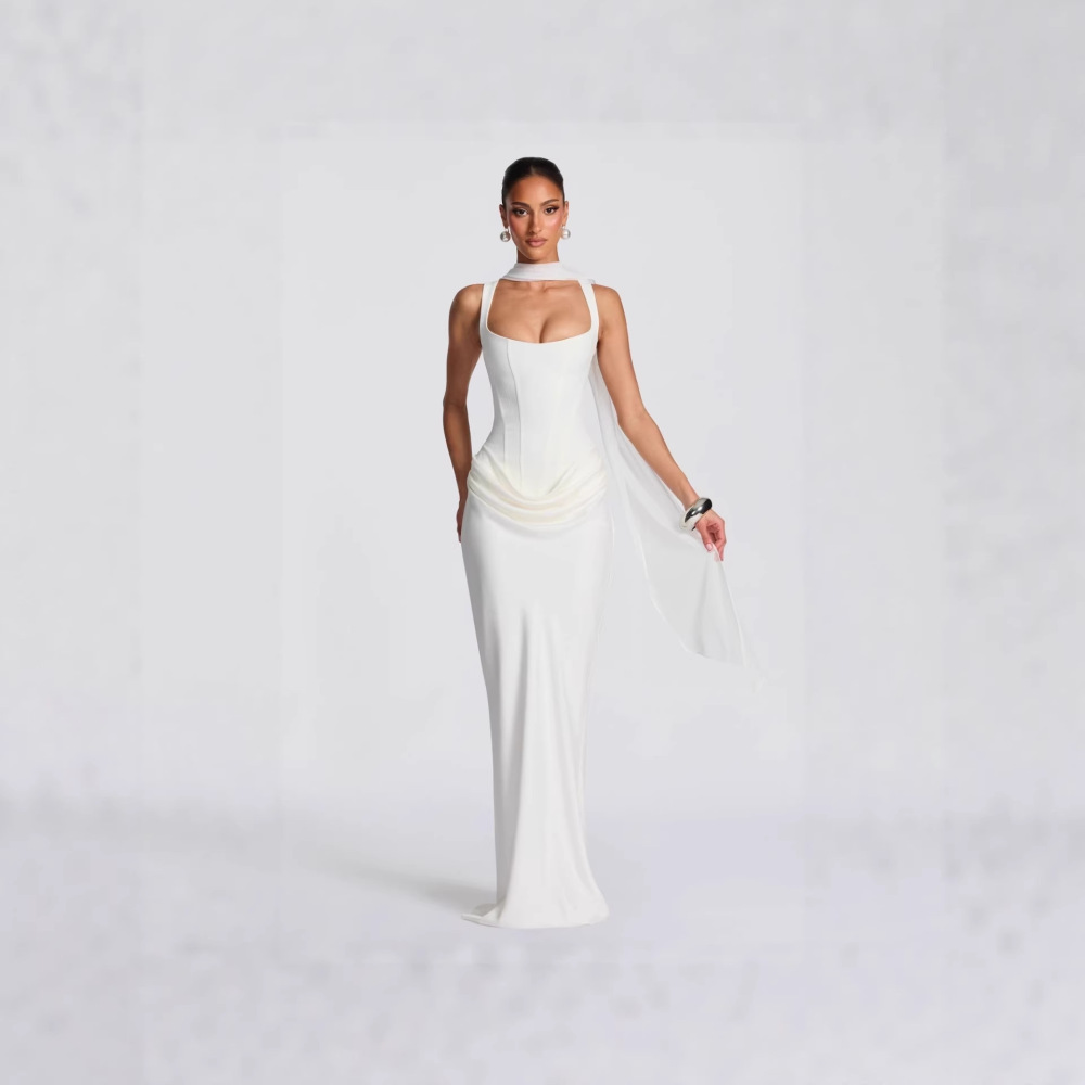 New 2026 Spring Slim-Fit Fishtail Maxi Dress Solid Color Boned Bodice Bodycon Silhouette