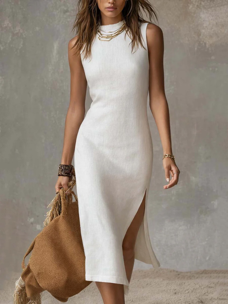 New Summer Vacation Style Sleeveless Slim-Fit High-Slit Maxi Knit Dress with Mock Neck