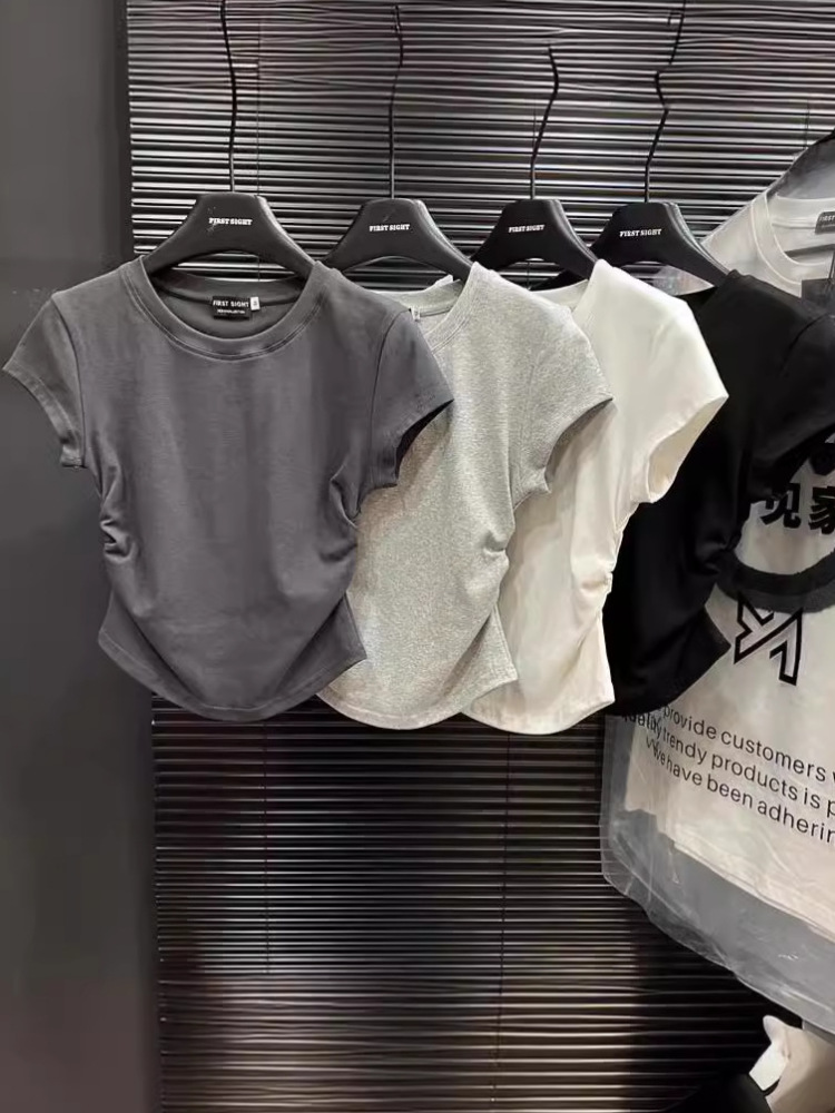 Women's Summer New Arrival: "Hot Girl" Style Solid-Color Short-Sleeve T-Shirt — Waist-Cinching, Pullover, Slim-Fit Top (Wholesale)