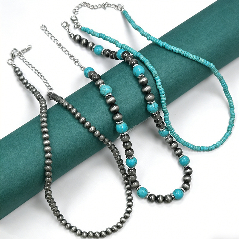 Turquoise necklace for women layered three-piece set ethnic pewter bead choker