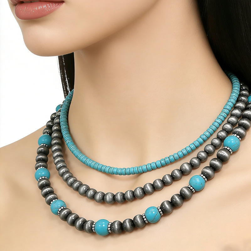 Turquoise necklace for women layered three-piece set ethnic pewter bead choker