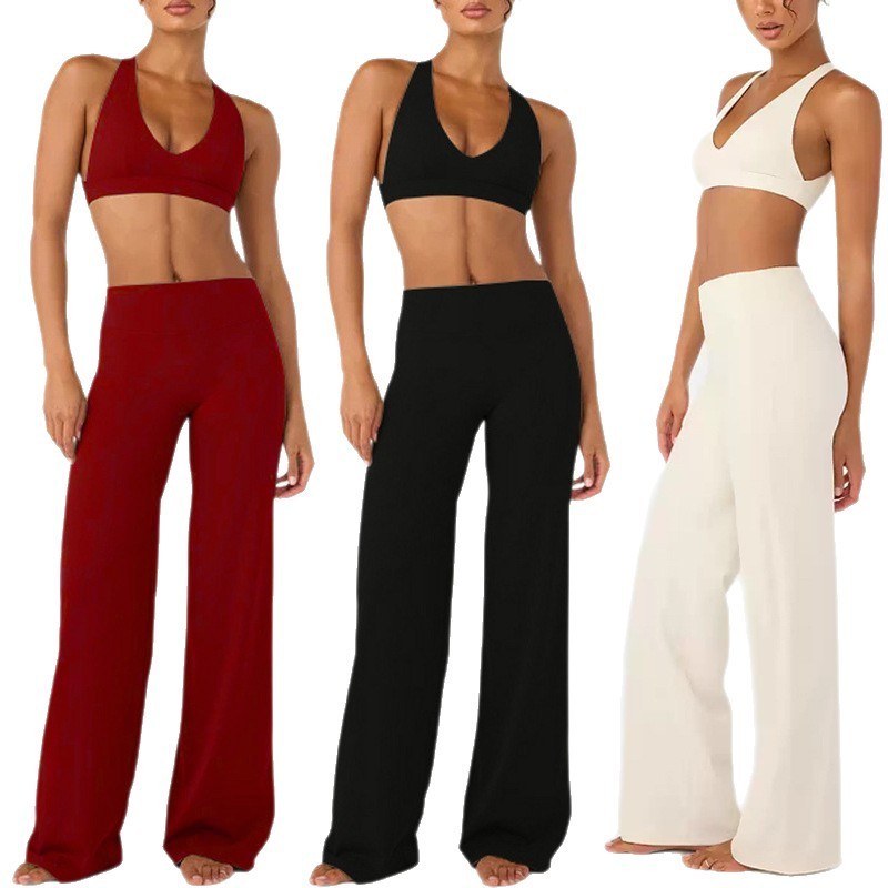 Nude-feel wrap bra with shock absorption high elasticity sports yoga wear set running and fitness wide-leg two-piece set