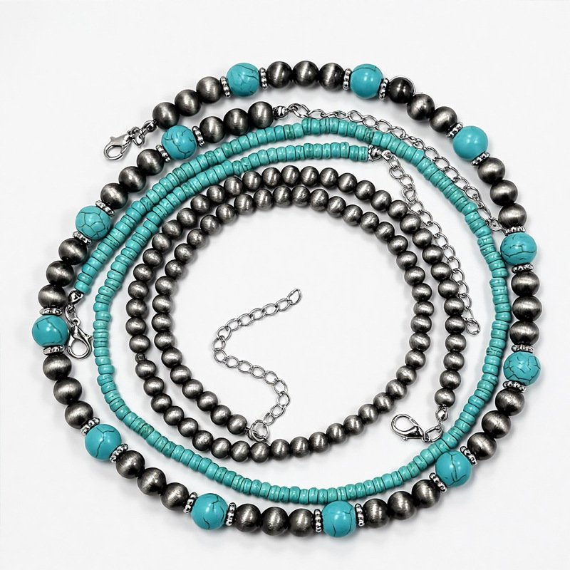 Turquoise necklace for women layered three-piece set ethnic pewter bead choker