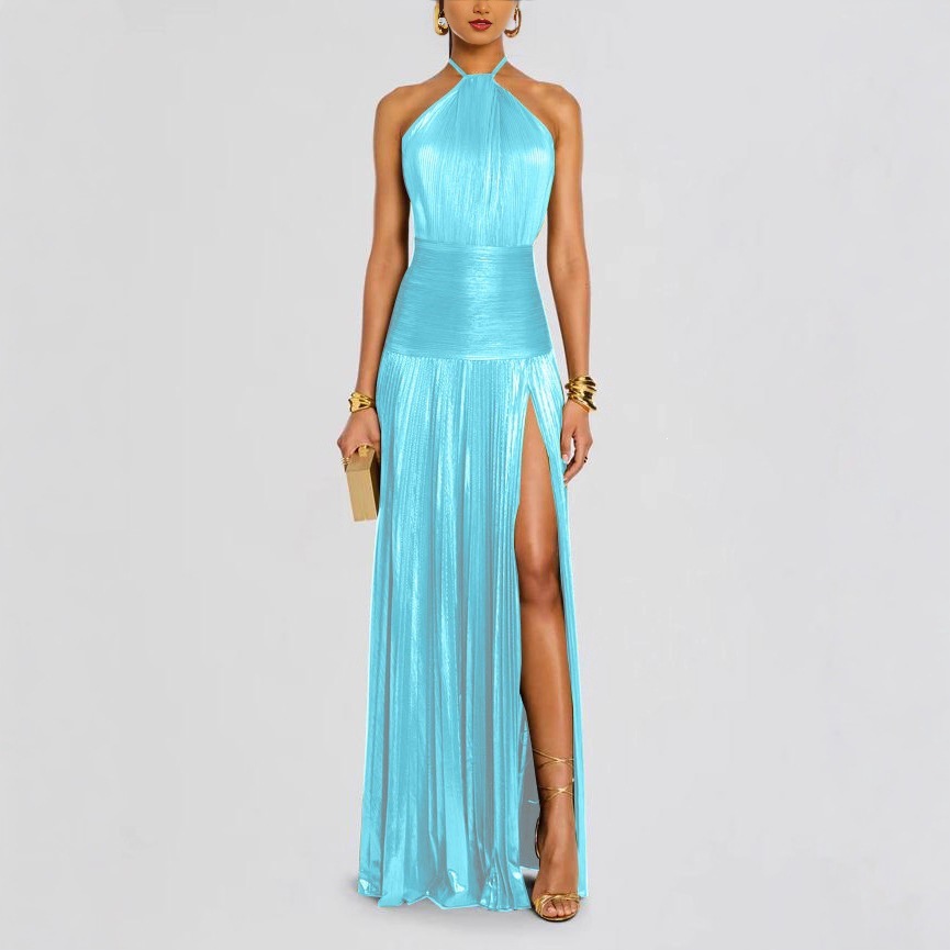 Metallic pleated halter neck dress featuring a side slit tie up details a sleeveless cut and an open back design