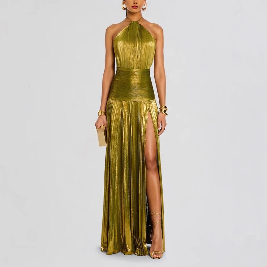 Metallic pleated halter neck dress featuring a side slit tie up details a sleeveless cut and an open back design