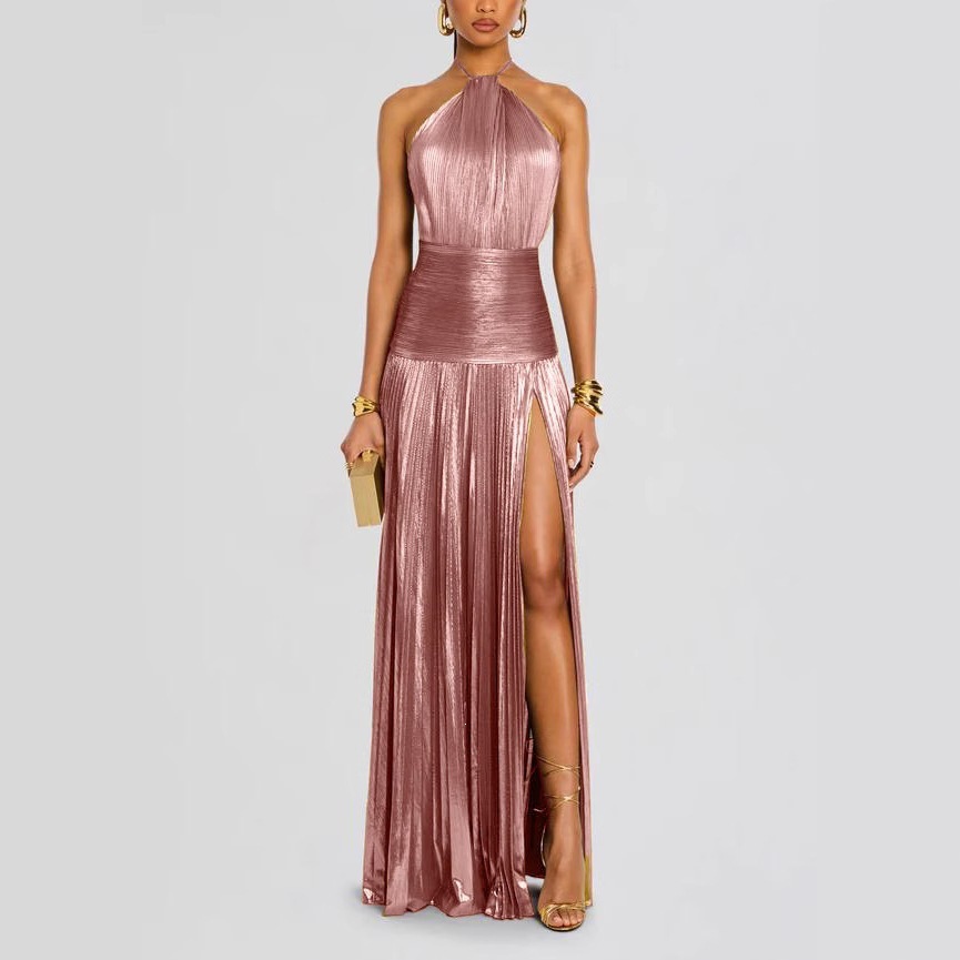 Metallic pleated halter neck dress featuring a side slit tie up details a sleeveless cut and an open back design