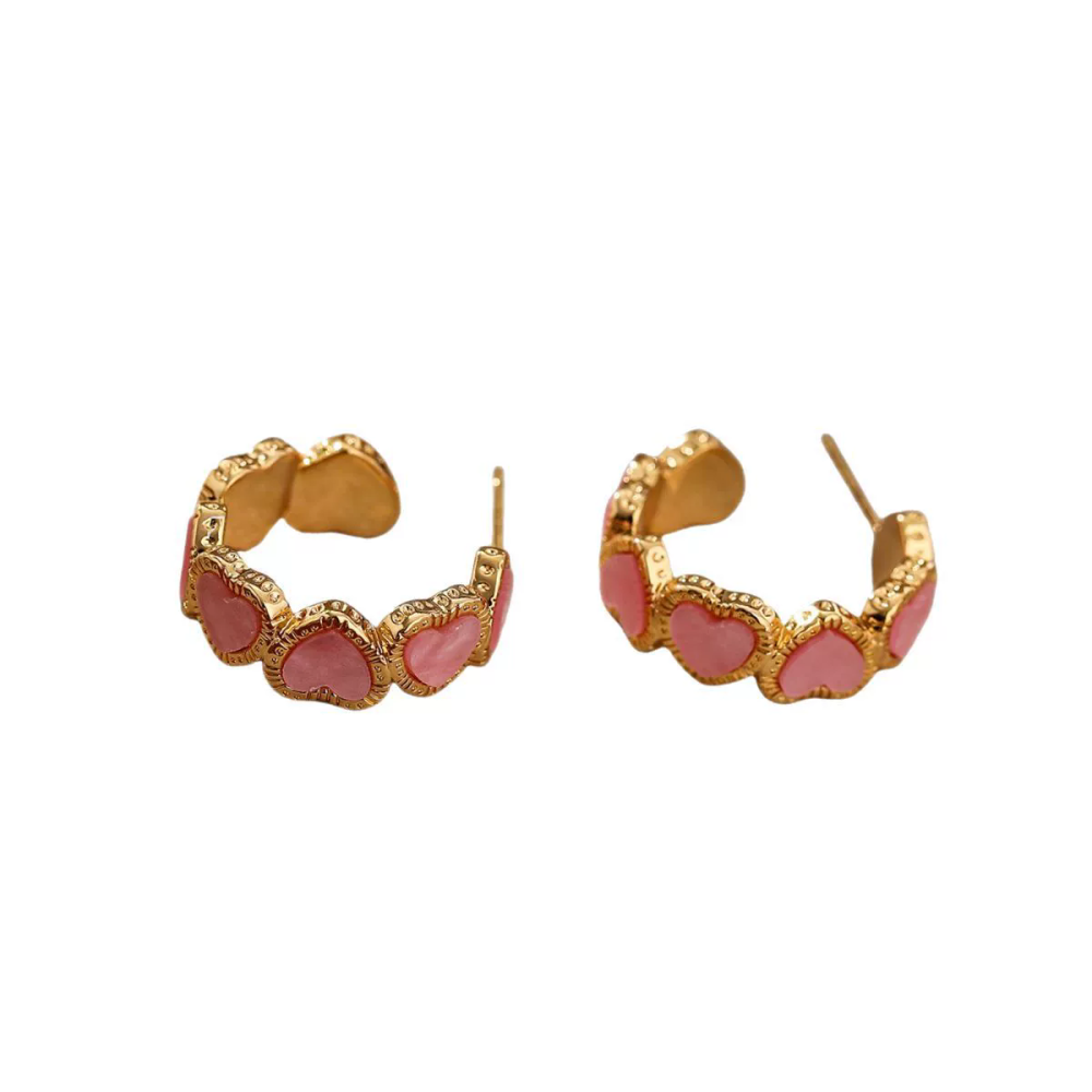Copper-plated gold simple and elegant pink heart earrings for women niche retro fashion high-end hoop earrings