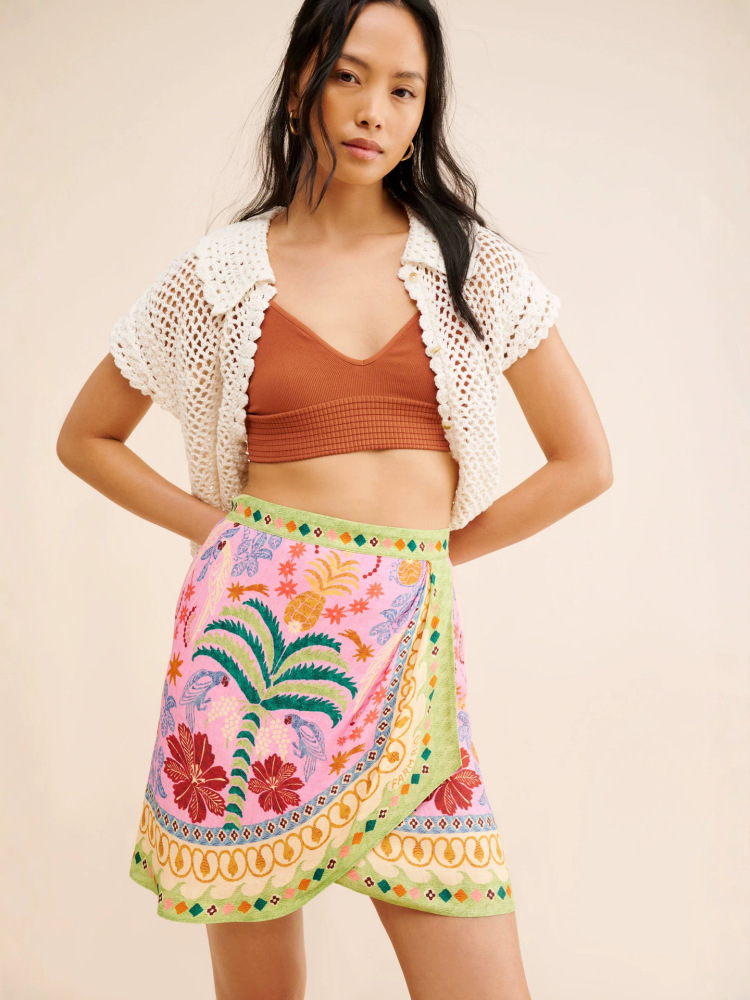 Women Tropical Pineapple Parrot Print Wrap Mini Skirt Boho Vacation Colorful Border Printed High Waist Short Skirt Beach Holiday Skirt