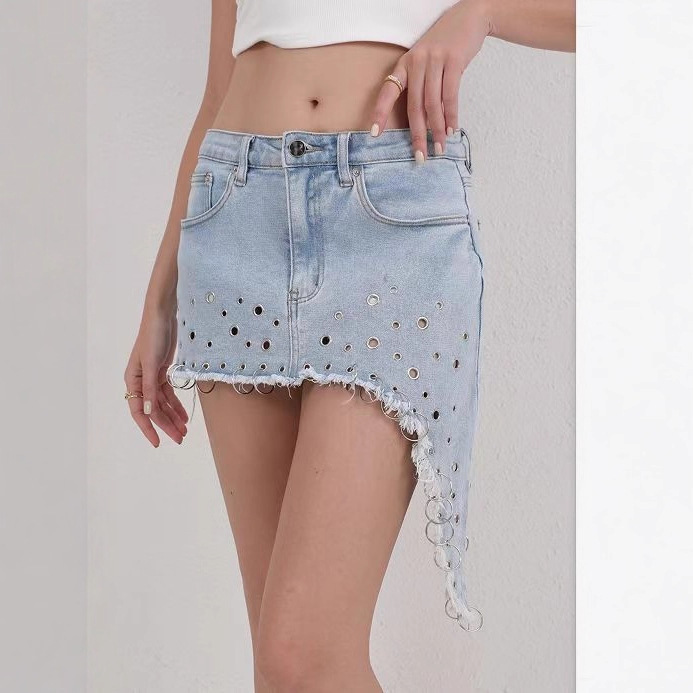 Y2K Irregular Asymmetrical Denim Mini Skirt Women Light Wash Raw Hem Metal Eyelet Ring Decor Jean Skirt Punk Streetwear Micro Skirt