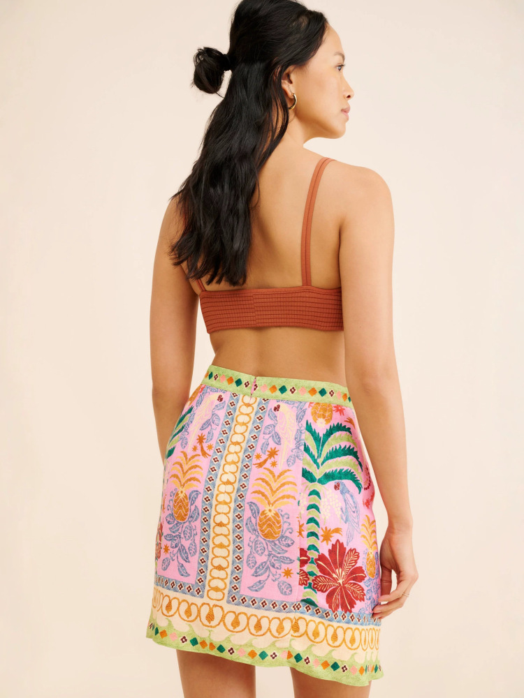 Women Tropical Pineapple Parrot Print Wrap Mini Skirt Boho Vacation Colorful Border Printed High Waist Short Skirt Beach Holiday Skirt
