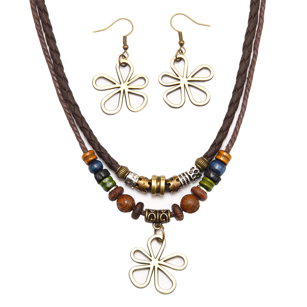 Trendy distinctive five-leaf clover beaded wax cord necklace/sweater chain and matching earrings set—a hot-selling fashion item