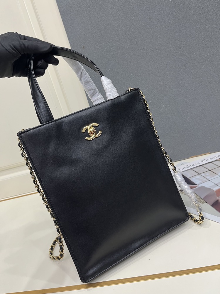 Chanel 2026 Small Shopping Bag Shiny Calfskin Gold Hardware Black AS6452