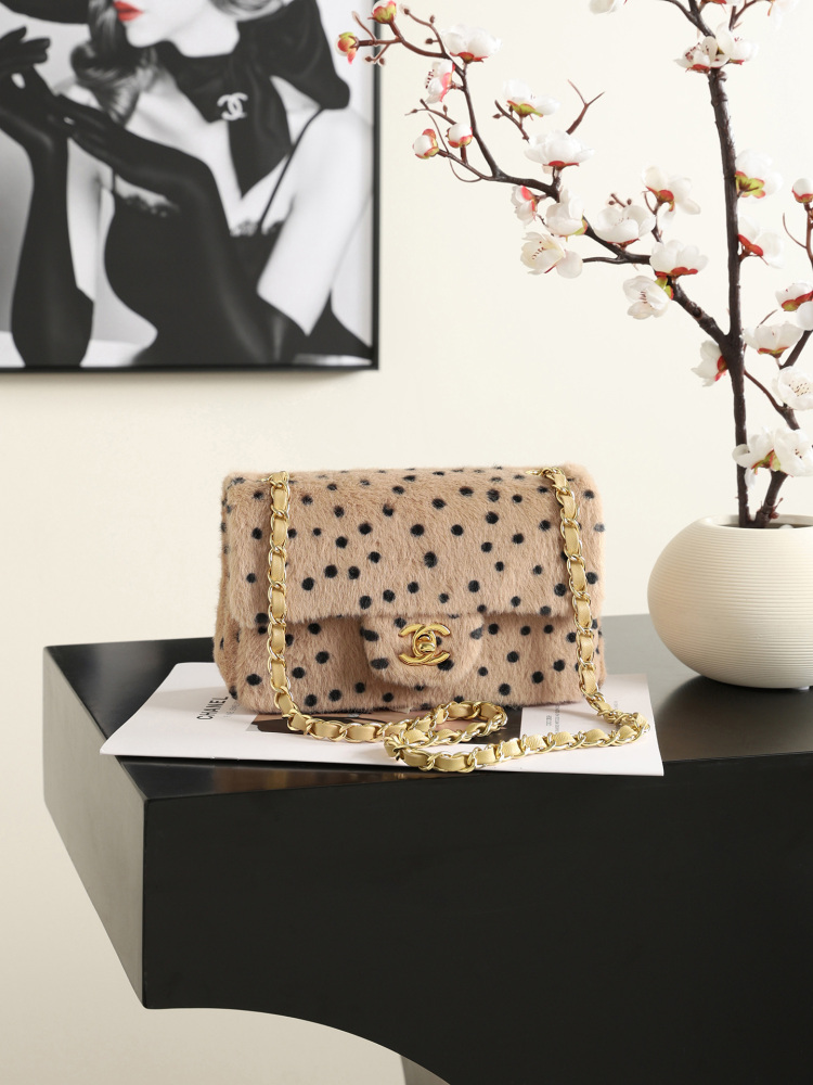 Chanel 26A Classic Flap Bag, Printed Shearling Lambskin & Gold-Tone Metal A01116 (Beige & Black Dots)