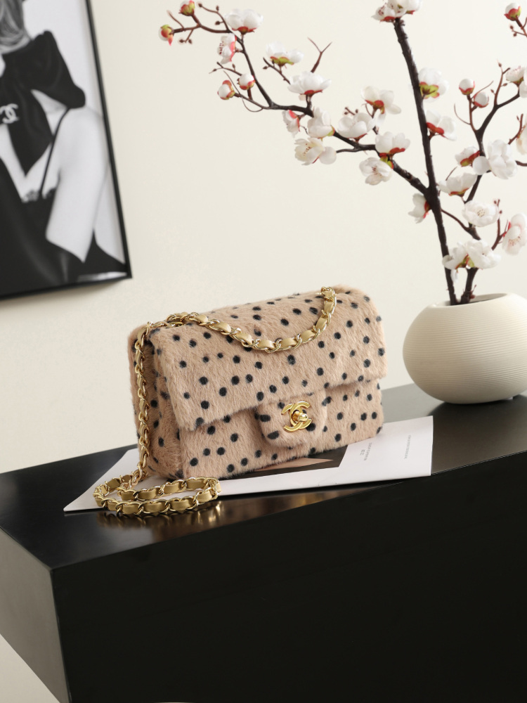 Chanel 26A Classic Flap Bag, Printed Shearling Lambskin & Gold-Tone Metal A01116 (Beige & Black Dots)