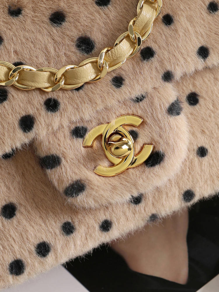 Chanel 26A Classic Flap Bag, Printed Shearling Lambskin & Gold-Tone Metal A01116 (Beige & Black Dots)