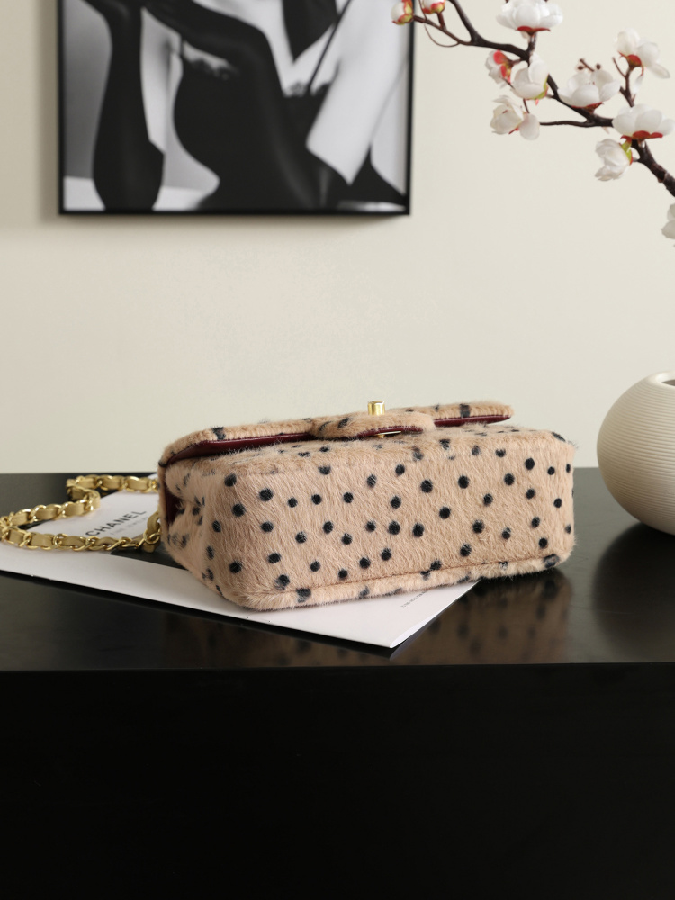 Chanel 26A Classic Flap Bag, Printed Shearling Lambskin & Gold-Tone Metal A01116 (Beige & Black Dots)