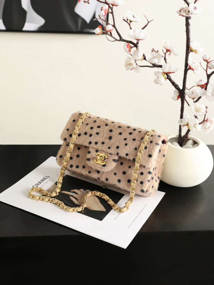 Chanel 26A Classic Flap Bag, Printed Shearling Lambskin & Gold-Tone Metal A01116 (Beige & Black Dots)