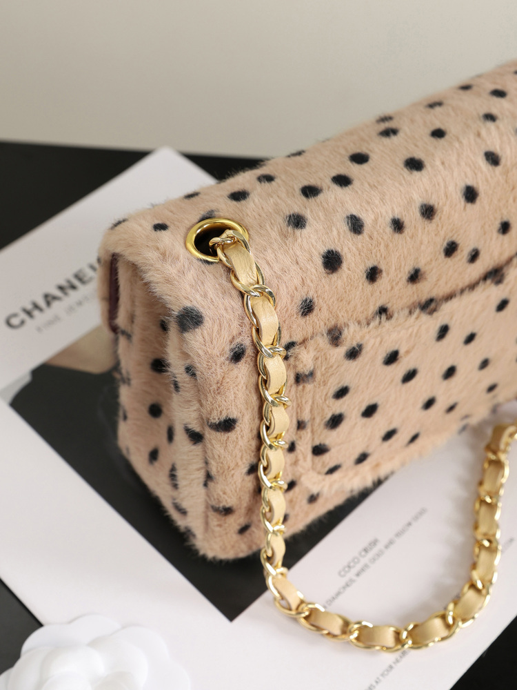 Chanel 26A Classic Flap Bag, Printed Shearling Lambskin & Gold-Tone Metal A01116 (Beige & Black Dots)