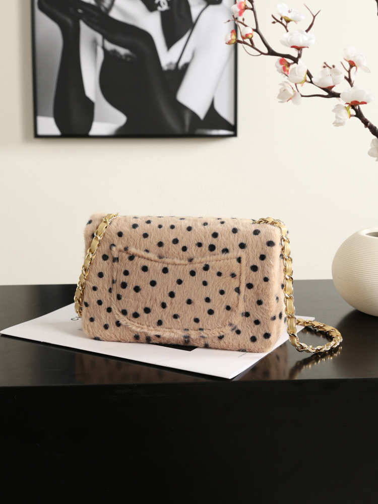 Chanel 26A Classic Flap Bag, Printed Shearling Lambskin & Gold-Tone Metal A01116 (Beige & Black Dots)