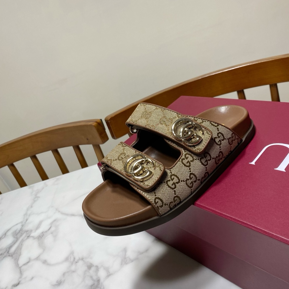 Gucci Velcro Beach Slides Monogram GG Slipper Women's Sandal-Brown