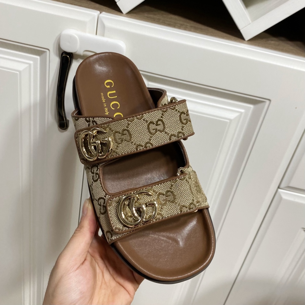 Gucci Velcro Beach Slides Monogram GG Slipper Women's Sandal-Brown