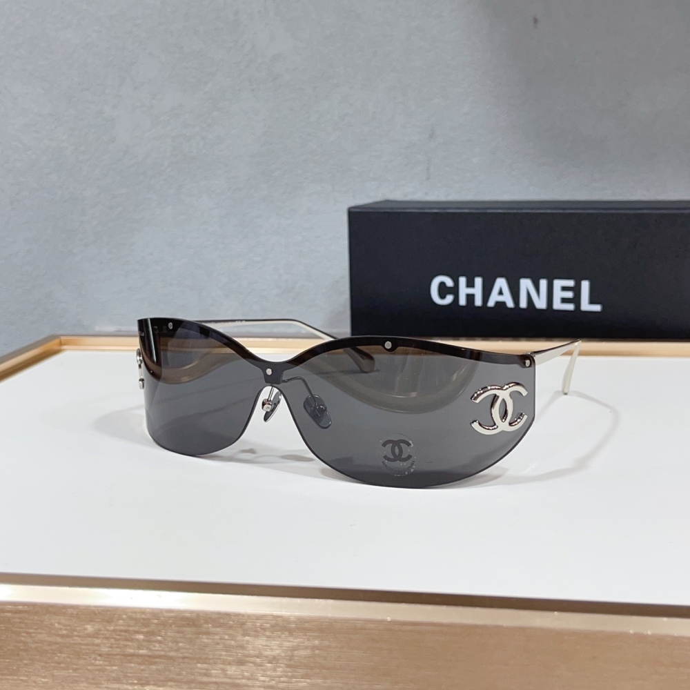 CHANEL A71615 Rimless Shield Sunglasses, Large Side CC Logo Y2K Wraparound Shades UV400
