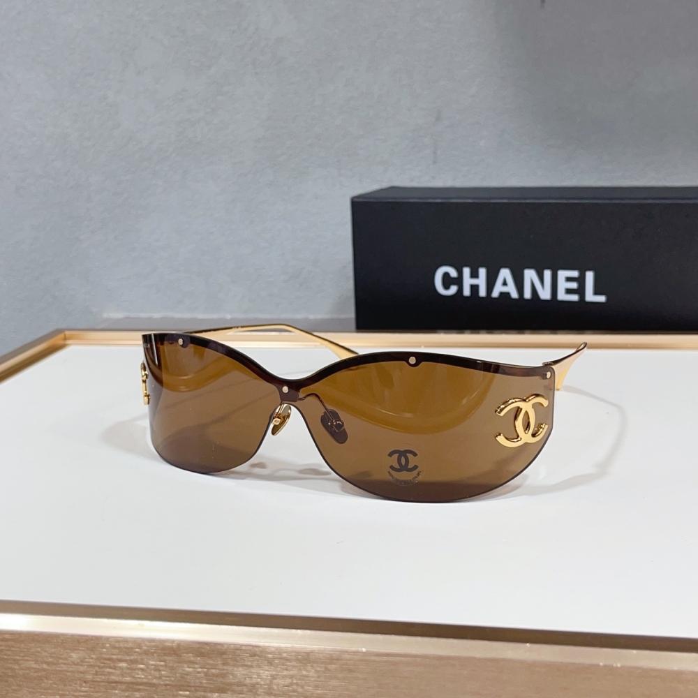 CHANEL A71615 Rimless Shield Sunglasses, Large Side CC Logo Y2K Wraparound Shades UV400