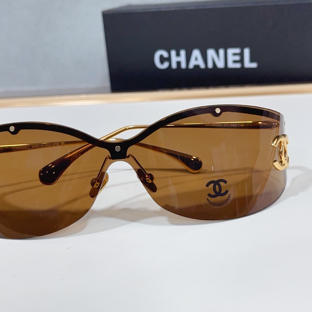 CHANEL A71615 Rimless Shield Sunglasses, Large Side CC Logo Y2K Wraparound Shades UV400