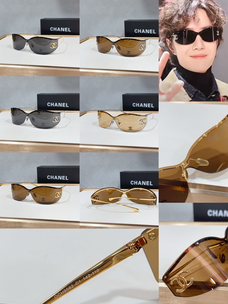 CHANEL A71615 Rimless Shield Sunglasses, Large Side CC Logo Y2K Wraparound Shades UV400