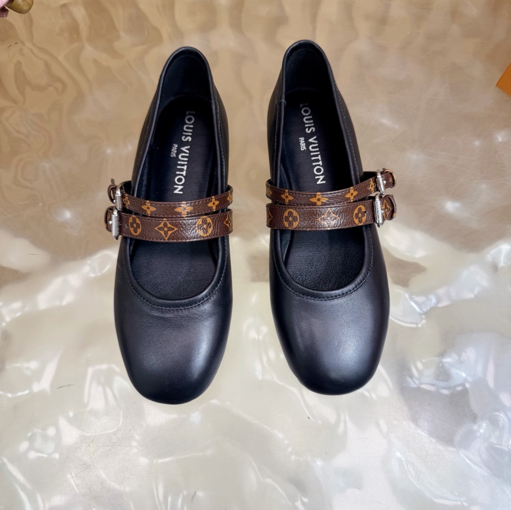 LV Bella Mary‑Jane Ballerina Flats, Double Monogram Canvas Buckle Strap Women Flat Ballet Shoes-Black