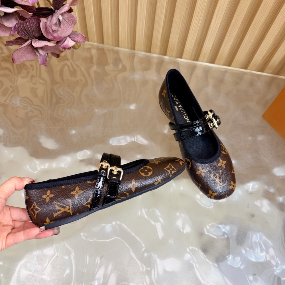 LV Bella Mary‑Jane Ballerina Flats, Double Monogram Canvas Buckle Strap Women Flat Ballet Shoes-Brown