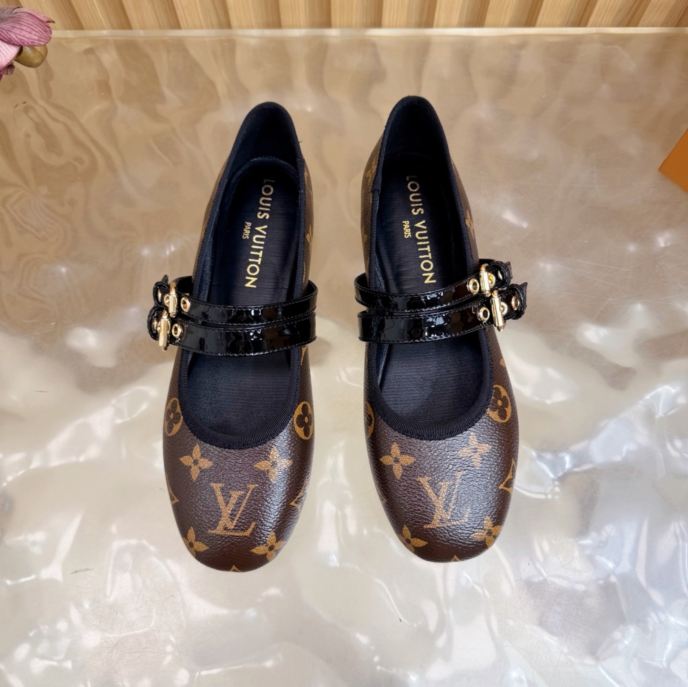 LV Bella Mary‑Jane Ballerina Flats, Double Monogram Canvas Buckle Strap Women Flat Ballet Shoes-Brown