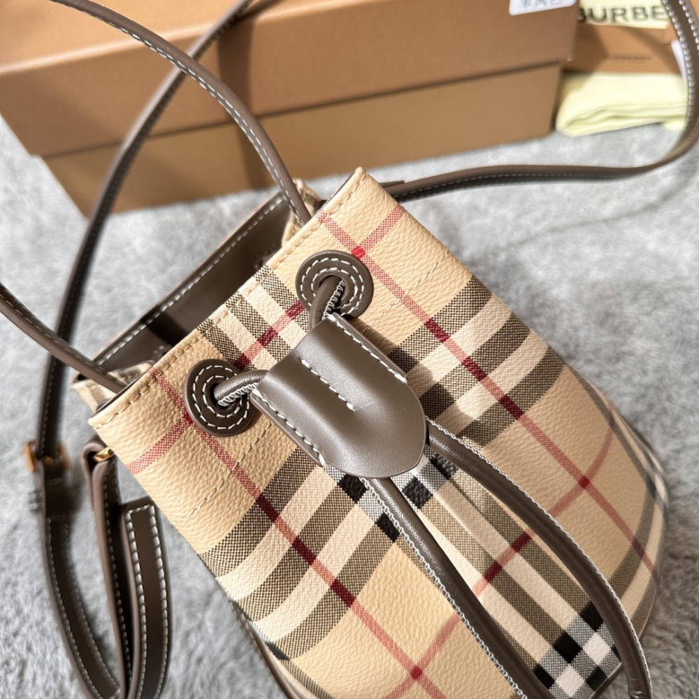 Mini Vintage Check Drawstring Bucket Bag, Women Leather Trim Crossbody Purse with Adjustable Shoulder Strap, Luxury British Daily Handbag