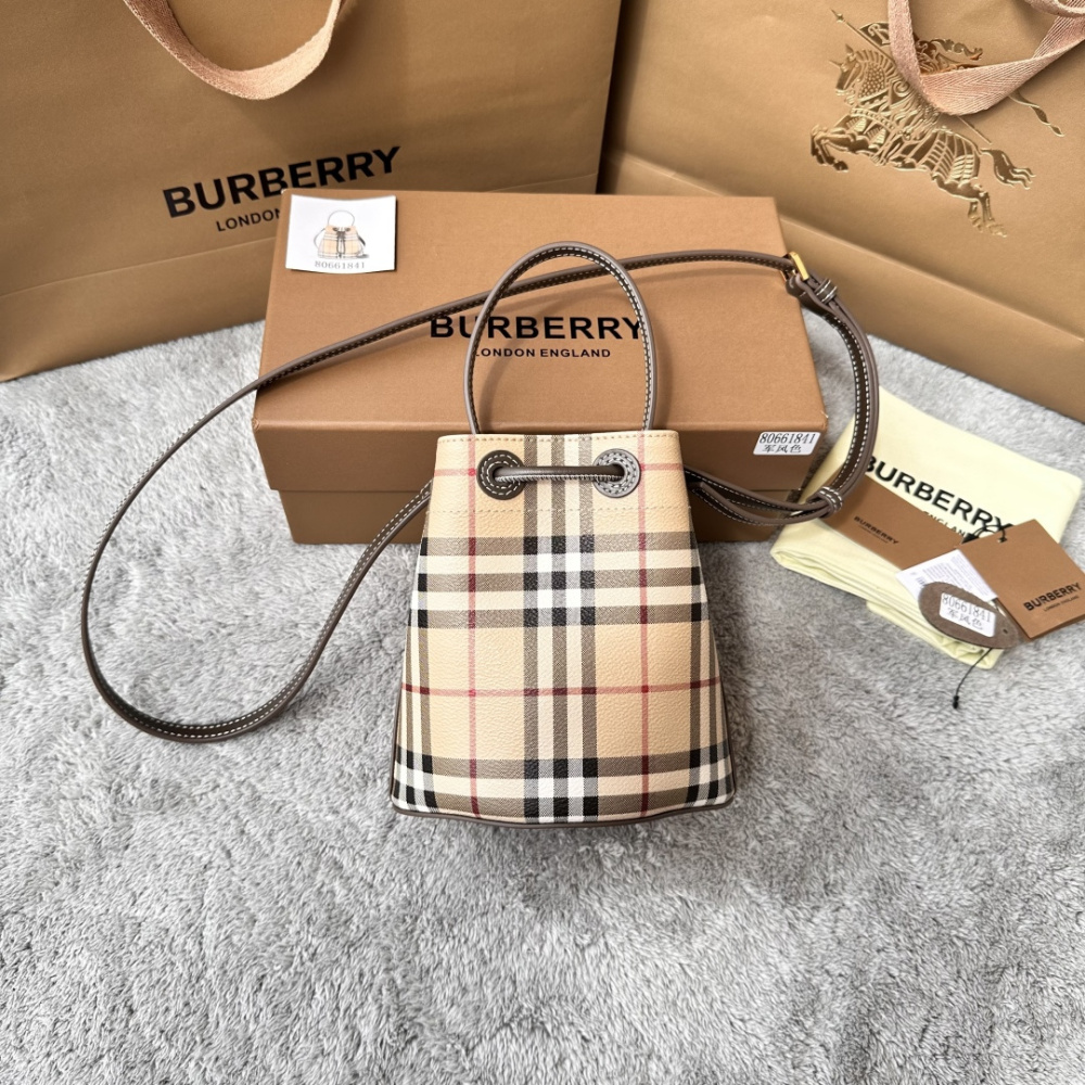 Mini Vintage Check Drawstring Bucket Bag, Women Leather Trim Crossbody Purse with Adjustable Shoulder Strap, Luxury British Daily Handbag