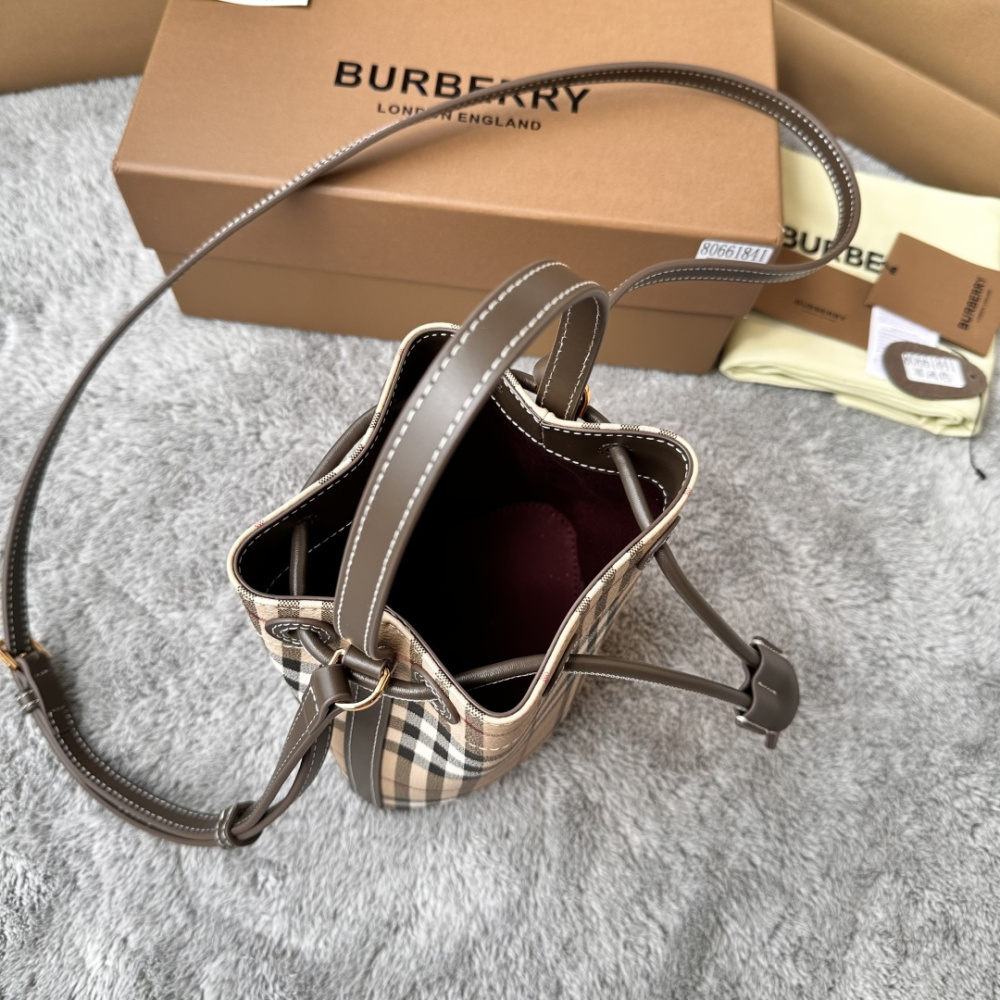 Mini Vintage Check Drawstring Bucket Bag, Women Leather Trim Crossbody Purse with Adjustable Shoulder Strap, Luxury British Daily Handbag