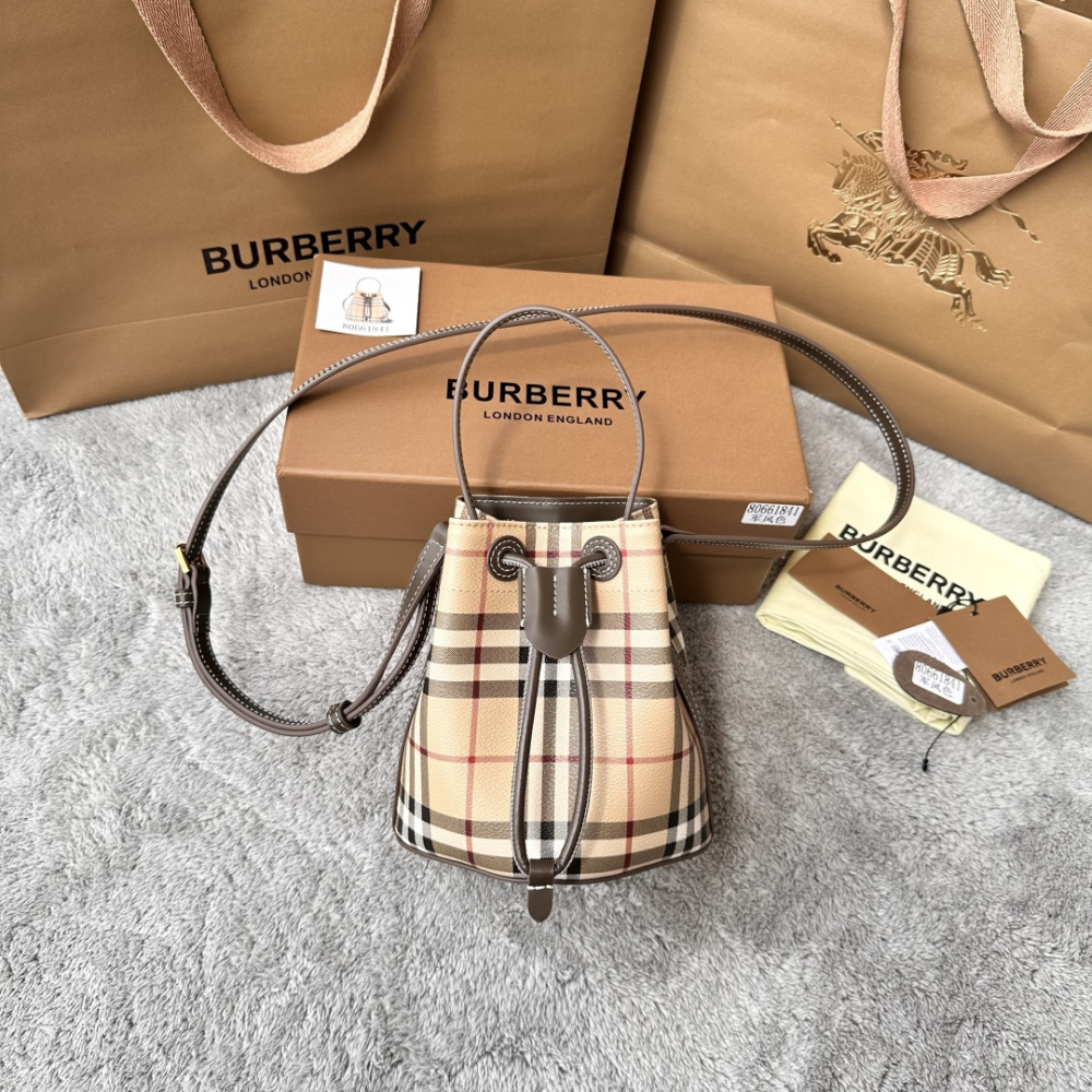 Mini Vintage Check Drawstring Bucket Bag, Women Leather Trim Crossbody Purse with Adjustable Shoulder Strap, Luxury British Daily Handbag