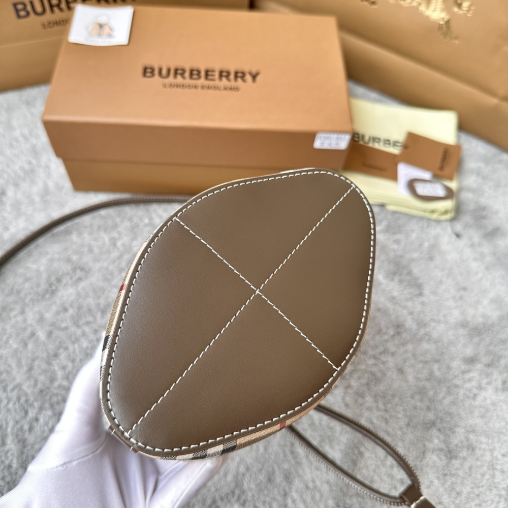 Mini Vintage Check Drawstring Bucket Bag, Women Leather Trim Crossbody Purse with Adjustable Shoulder Strap, Luxury British Daily Handbag