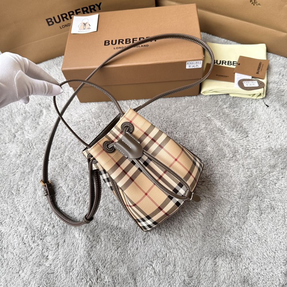 Mini Vintage Check Drawstring Bucket Bag, Women Leather Trim Crossbody Purse with Adjustable Shoulder Strap, Luxury British Daily Handbag