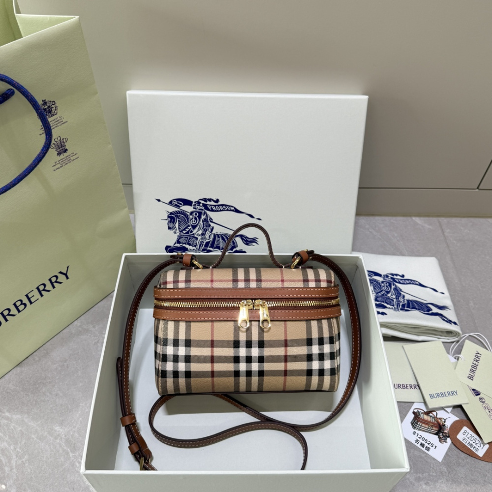 Mini Vintage Check Vanity Box Bag, Leather Trim Mini Crossbody Handbag with Adjustable Shoulder Strap, British Luxury Women Daily Top Handle Purse