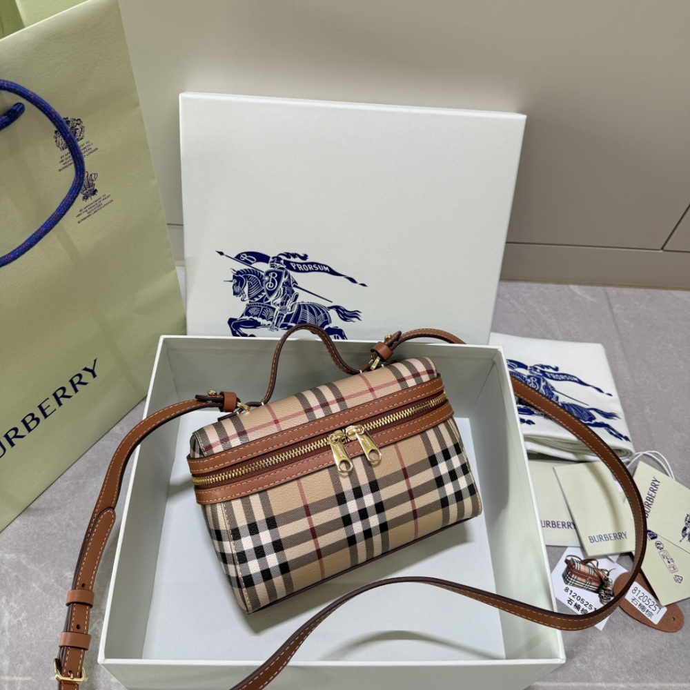 Mini Vintage Check Vanity Box Bag, Leather Trim Mini Crossbody Handbag with Adjustable Shoulder Strap, British Luxury Women Daily Top Handle Purse