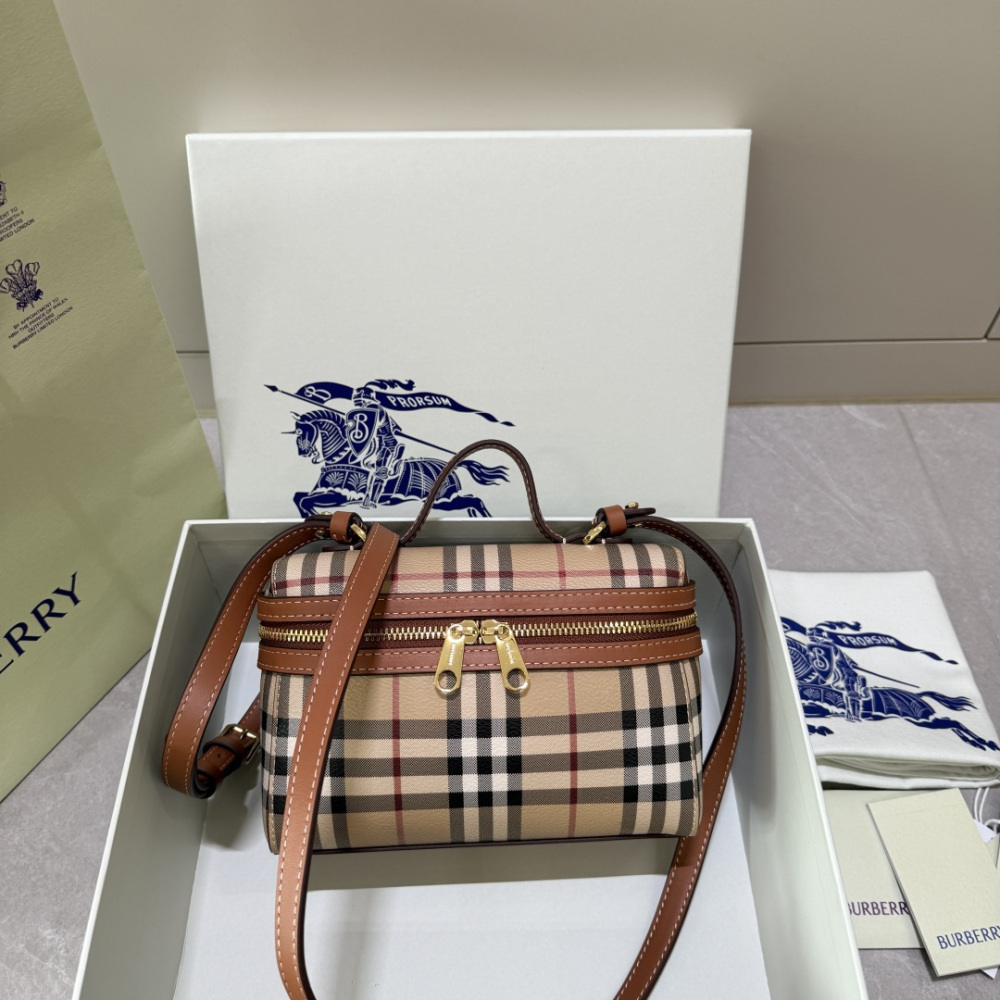Mini Vintage Check Vanity Box Bag, Leather Trim Mini Crossbody Handbag with Adjustable Shoulder Strap, British Luxury Women Daily Top Handle Purse