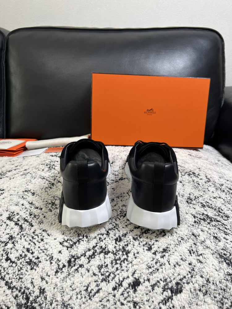 Hermes Bouncing Sneaker, Black Calfskin & Suede Goatskin Casual Platform Sneakers For Men