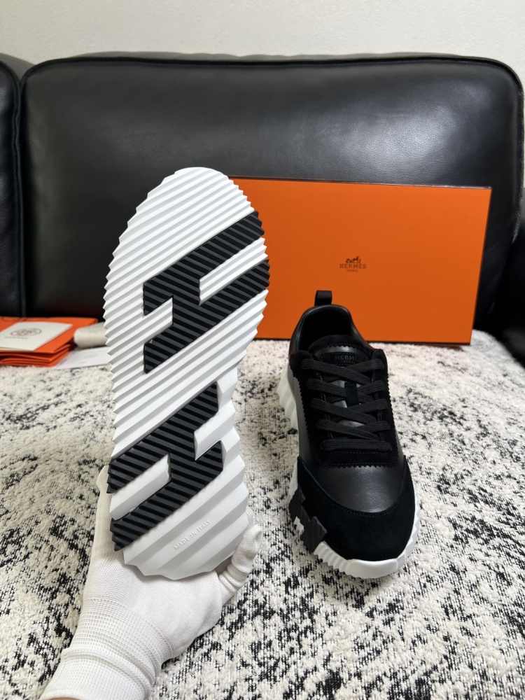 Hermes Bouncing Sneaker, Black Calfskin & Suede Goatskin Casual Platform Sneakers For Men