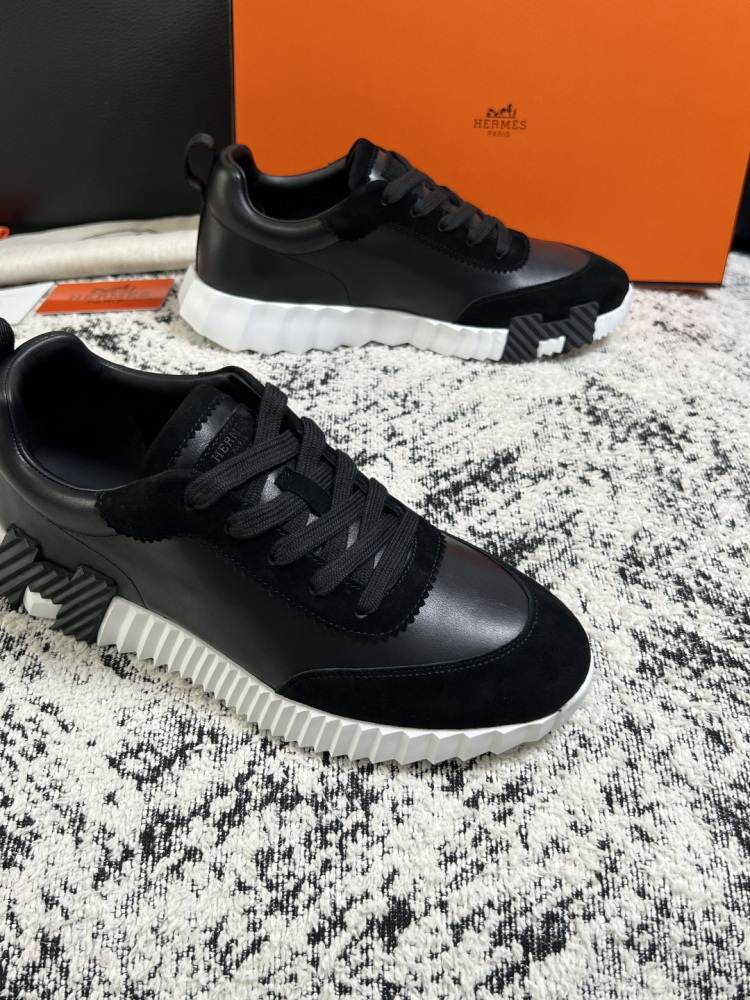 Hermes Bouncing Sneaker, Black Calfskin & Suede Goatskin Casual Platform Sneakers For Men