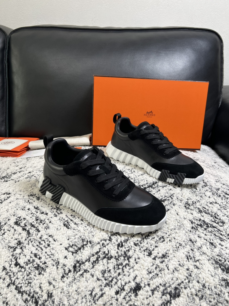 Hermes Bouncing Sneaker, Black Calfskin & Suede Goatskin Casual Platform Sneakers For Men